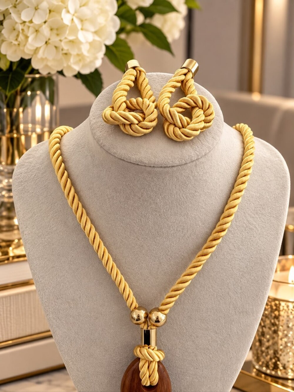 Brown Rope and Wood Pendant Necklace with Matching Earrings - Gold Accents